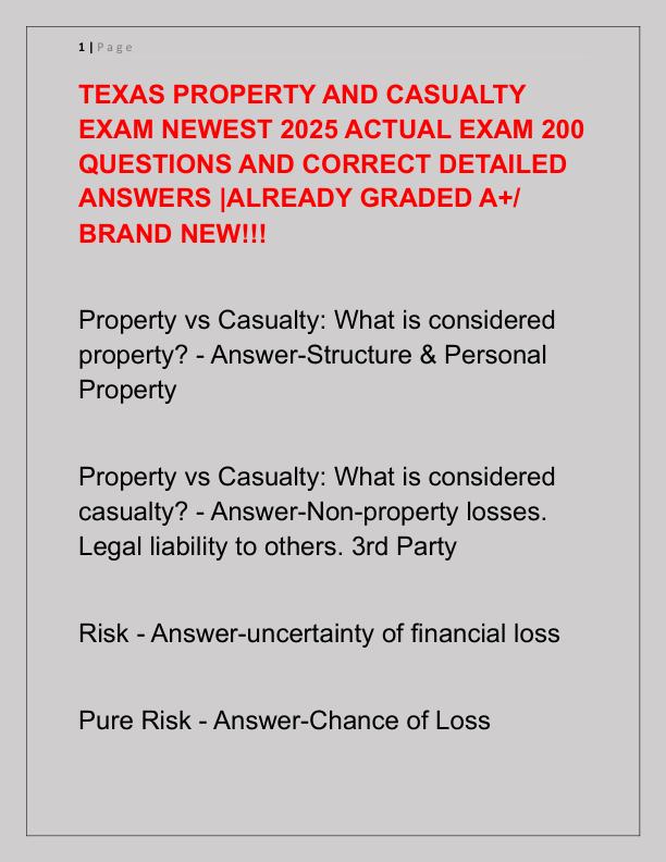 TEXAS PROPERTY AND CASUALTY EXAM NEWEST 2025 ACTUAL EXAM 200 QUESTIONS AND CORRECT DETAILED ANSWERS