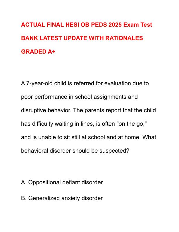 ACTUAL FINAL HESI OB PEDS 2025 Exam Test BANK LATEST UPDATE WITH RATIONALES GRADED A