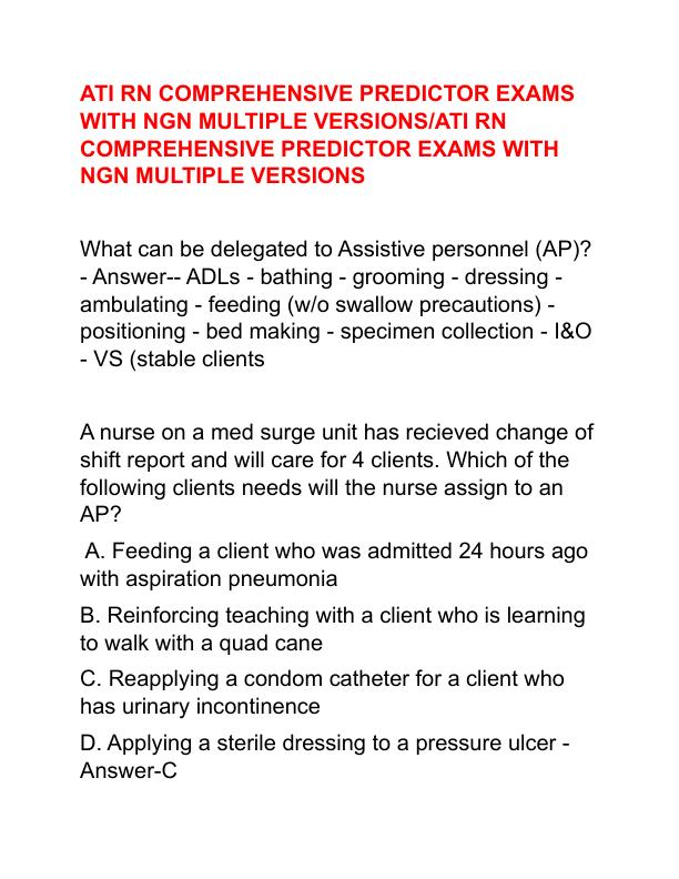 ATI RN COMPREHENSIVE PREDICTOR EXAMS WITH NGN MULTIPLE VERSIONS