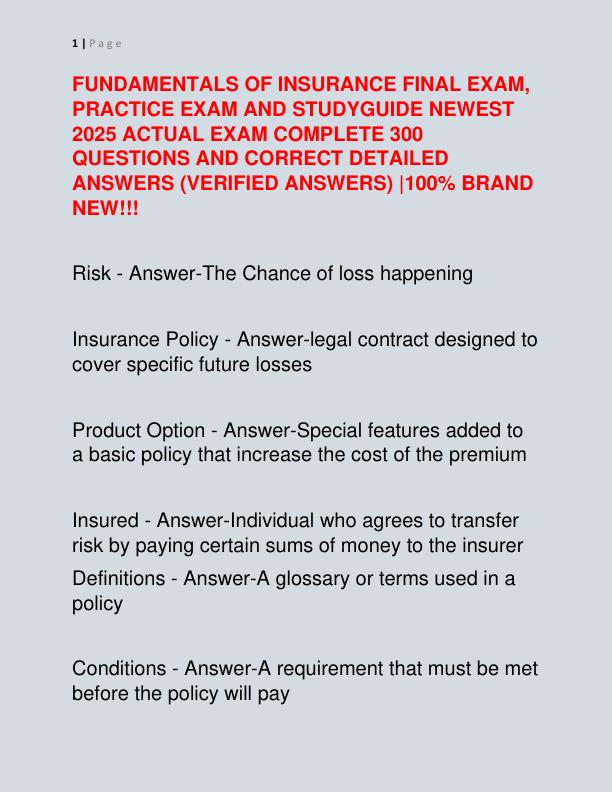 FUNDAMENTALS OF INSURANCE FINAL EXAM