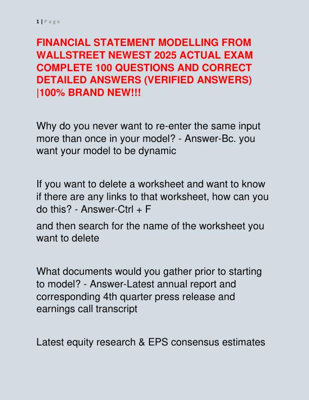 FINANCIAL STATEMENT MODELLING FROM WALLSTREET NEWEST 2025 ACTUAL EXAM COMPLETE 100 QUESTIONS AND CORRECT DETAILED ANSWERS