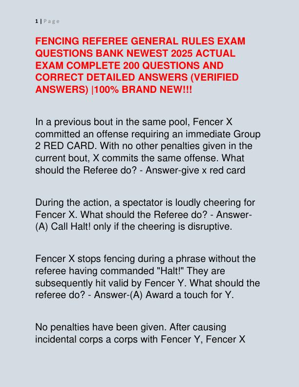 FENCING REFEREE GENERAL RULES EXAM QUESTIONS BANK NEWEST 2025 ACTUAL EXAM COMPLETE 200 QUESTIONS AND CORRECT DETAILED ANSWERS