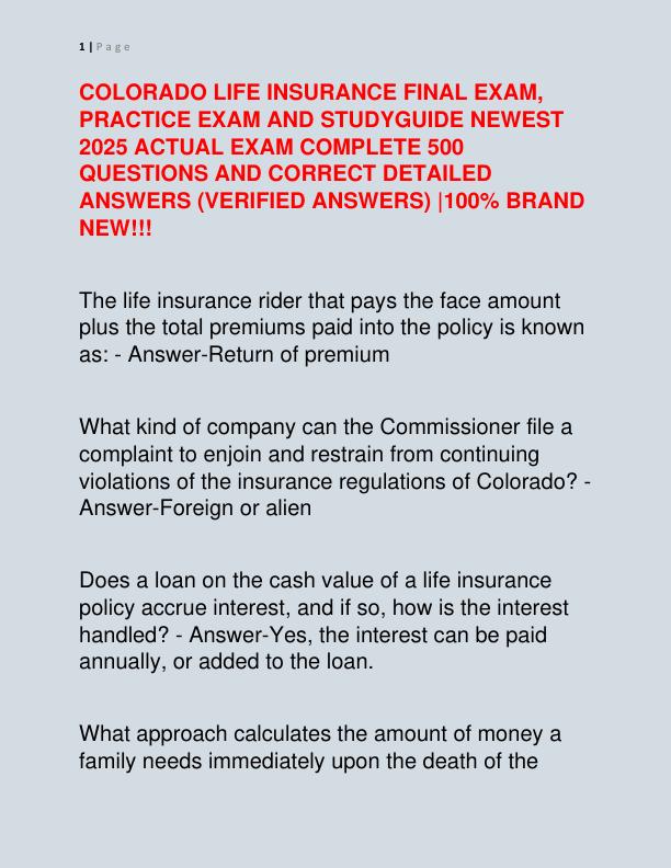 COLORADO LIFE INSURANCE FINAL EXAM