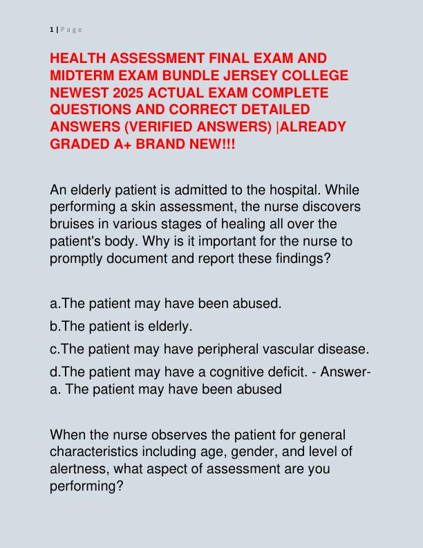 HEALTH ASSESSMENT FINAL EXAM AND MIDTERM EXAM BUNDLE JERSEY COLLEGE NEWEST 2025 ACTUAL EXAM COMPLETE QUESTIONS AND CORRECT DETAILED ANSWERS
