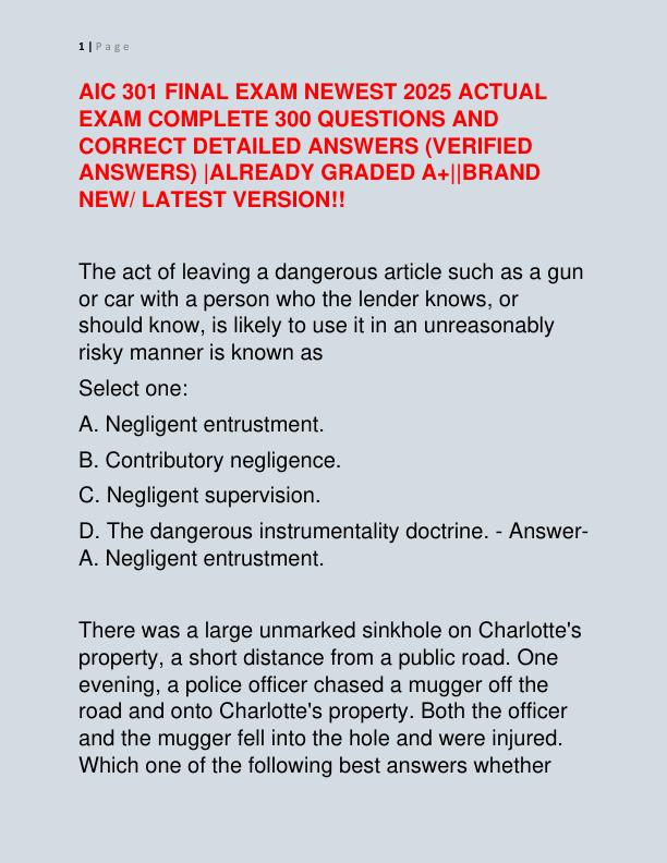 AIC 301 FINAL EXAM NEWEST 2025 ACTUAL EXAM COMPLETE 300 QUESTIONS AND CORRECT DETAILED ANSWERS