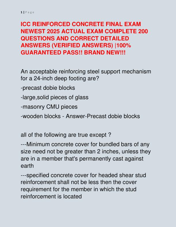 ICC REINFORCED CONCRETE FINAL EXAM NEWEST 2025 ACTUAL EXAM COMPLETE 200 QUESTIONS AND CORRECT DETAILED ANSWERS