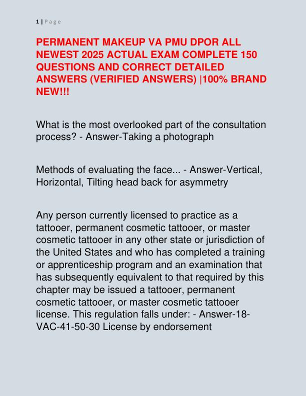 PERMANENT MAKEUP VA PMU DPOR ALL NEWEST 2025 ACTUAL EXAM COMPLETE 150 QUESTIONS AND CORRECT DETAILED ANSWERS