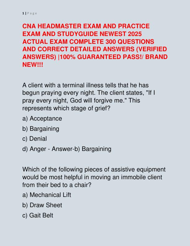 CNA HEADMASTER EXAM AND PRACTICE EXAM AND STUDYGUIDE NEWEST 2025 ACTUAL EXAM COMPLETE 300 QUESTIONS AND CORRECT DETAILED ANSWERS