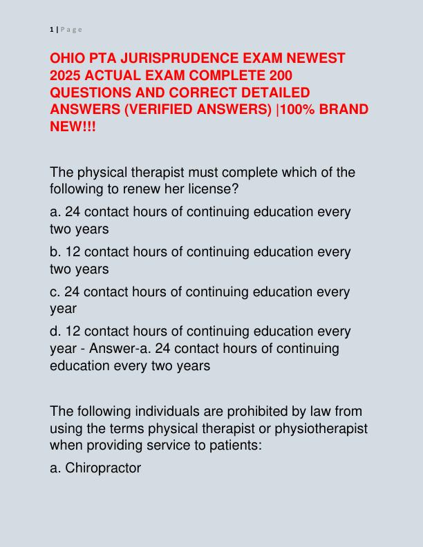 OHIO PTA JURISPRUDENCE EXAM NEWEST 2025 ACTUAL EXAM COMPLETE 200 QUESTIONS AND CORRECT DETAILED ANSWERS