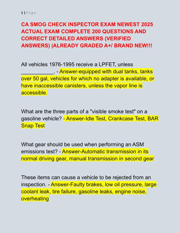 CA SMOG CHECK INSPECTOR EXAM NEWEST 2025 ACTUAL EXAM COMPLETE 200 QUESTIONS AND CORRECT DETAILED ANSWERS