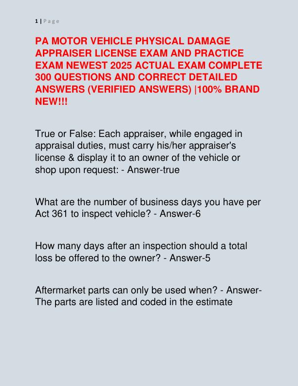 PA MOTOR VEHICLE PHYSICAL DAMAGE APPRAISER LICENSE EXAM AND PRACTICE EXAM NEWEST 2025 ACTUAL EXAM COMPLETE 300 QUESTIONS AND CORRECT DETAILED ANSWERS