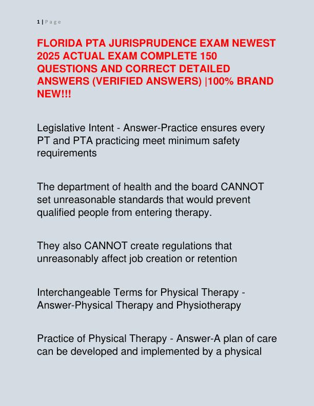 FLORIDA PTA JURISPRUDENCE EXAM NEWEST 2025 ACTUAL EXAM COMPLETE 150 QUESTIONS AND CORRECT DETAILED ANSWERS
