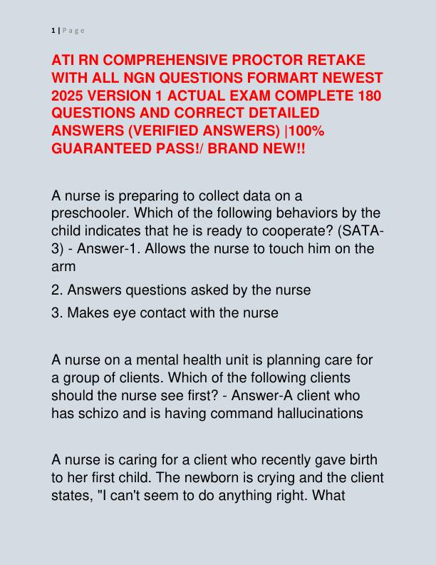 ATI RN COMPREHENSIVE PROCTOR RETAKE WITH ALL NGN QUESTIONS FORMART NEWEST 2025 VERSION 1 ACTUAL EXAM COMPLETE 180 QUESTIONS AND CORRECT DETAILED ANSWERS