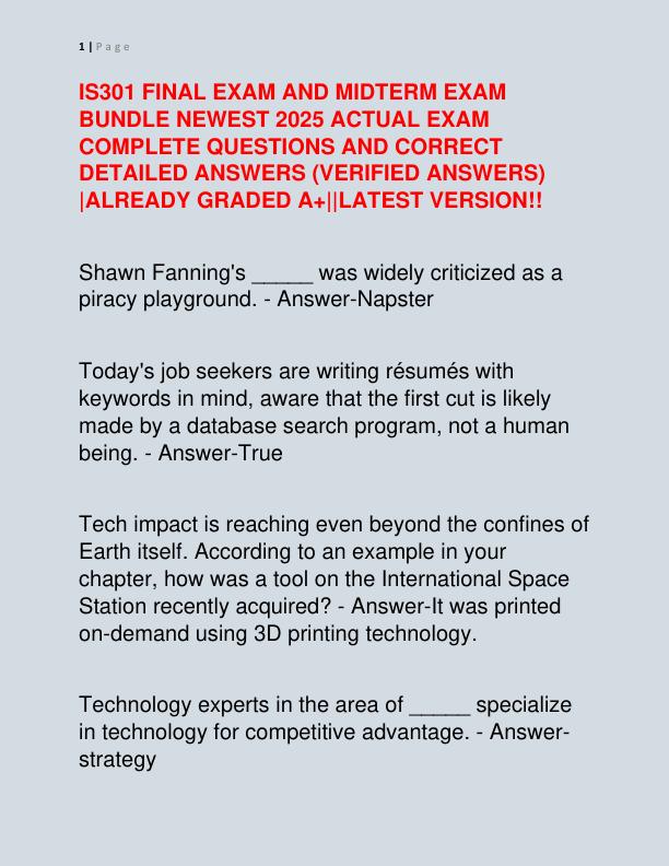 IS301 FINAL EXAM AND MIDTERM EXAM BUNDLE NEWEST 2025 ACTUAL EXAM COMPLETE QUESTIONS AND CORRECT DETAILED ANSWERS