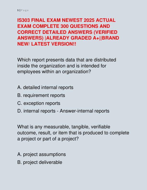 IS303 FINAL EXAM NEWEST 2025 ACTUAL EXAM COMPLETE 300 QUESTIONS AND CORRECT DETAILED ANSWERS