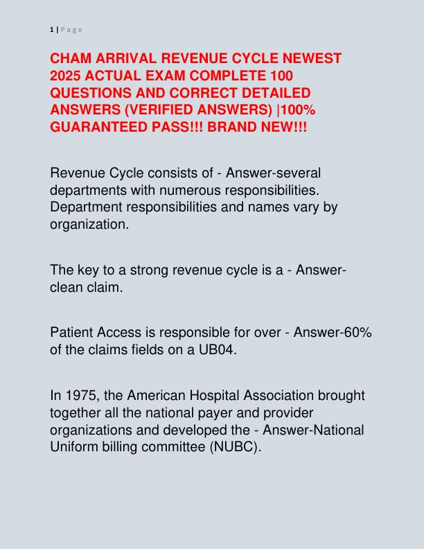CHAM ARRIVAL REVENUE CYCLE NEWEST 2025 ACTUAL EXAM COMPLETE 100 QUESTIONS AND CORRECT DETAILED ANSWERS