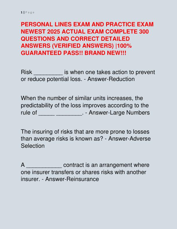 PERSONAL LINES EXAM AND PRACTICE EXAM NEWEST 2025 ACTUAL EXAM COMPLETE 300 QUESTIONS AND CORRECT DETAILED ANSWERS