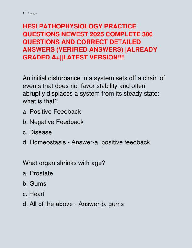 HESI PATHOPHYSIOLOGY PRACTICE QUESTIONS NEWEST 2025 COMPLETE 300 QUESTIONS AND CORRECT DETAILED ANSWERS