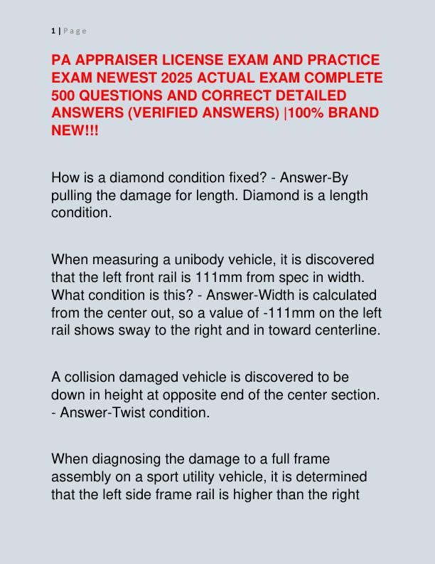 PA APPRAISER LICENSE EXAM AND PRACTICE EXAM NEWEST 2025 ACTUAL EXAM COMPLETE 500 QUESTIONS AND CORRECT DETAILED ANSWERS