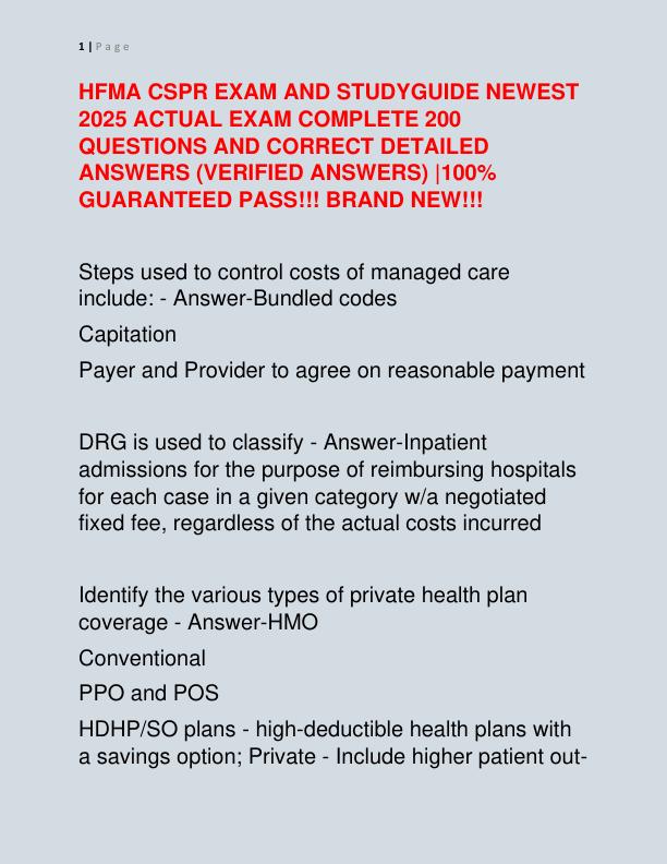 HFMA CSPR EXAM AND STUDYGUIDE NEWEST 2025 ACTUAL EXAM COMPLETE 200 QUESTIONS AND CORRECT DETAILED ANSWERS