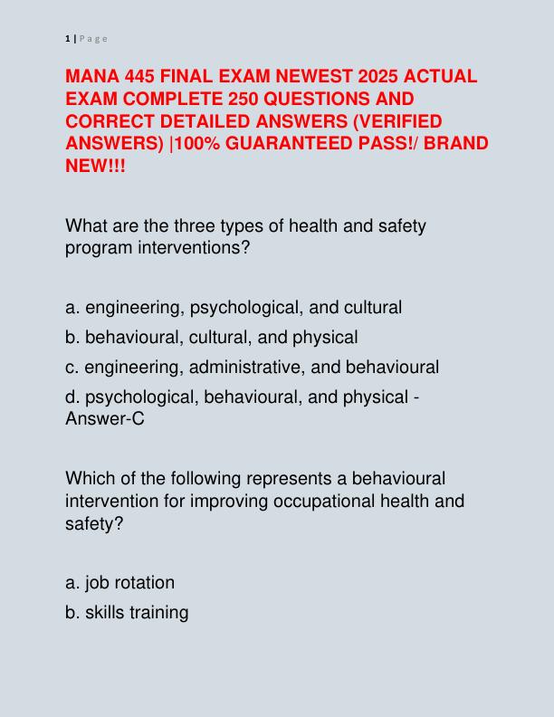 MANA 445 FINAL EXAM NEWEST 2025 ACTUAL EXAM COMPLETE 250 QUESTIONS AND CORRECT DETAILED ANSWERS