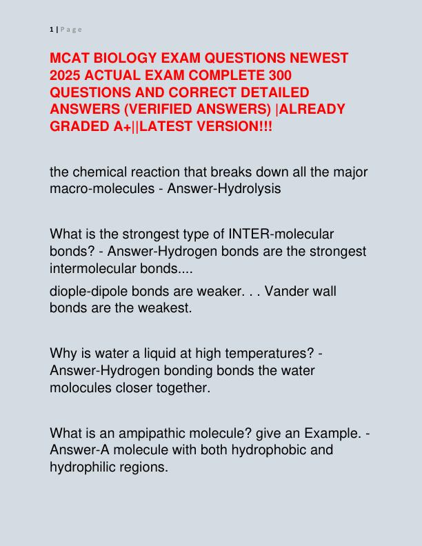 MCAT BIOLOGY EXAM QUESTIONS NEWEST 2025 ACTUAL EXAM COMPLETE 300 QUESTIONS AND CORRECT DETAILED ANSWERS