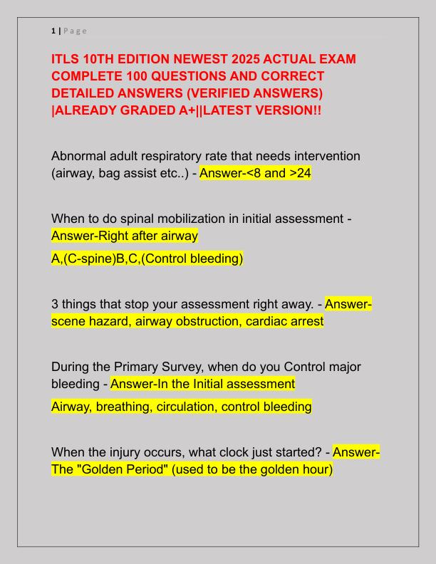 ITLS 10TH EDITION NEWEST 2025 ACTUAL EXAM COMPLETE 100 QUESTIONS AND CORRECT DETAILED ANSWERS