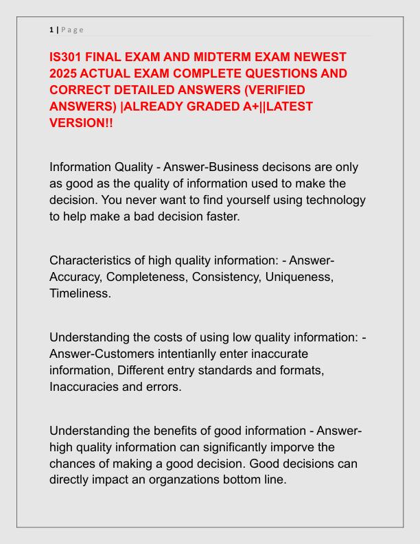 IS301 FINAL EXAM AND MIDTERM EXAM NEWEST 2025 ACTUAL EXAM COMPLETE QUESTIONS AND CORRECT DETAILED ANSWERS