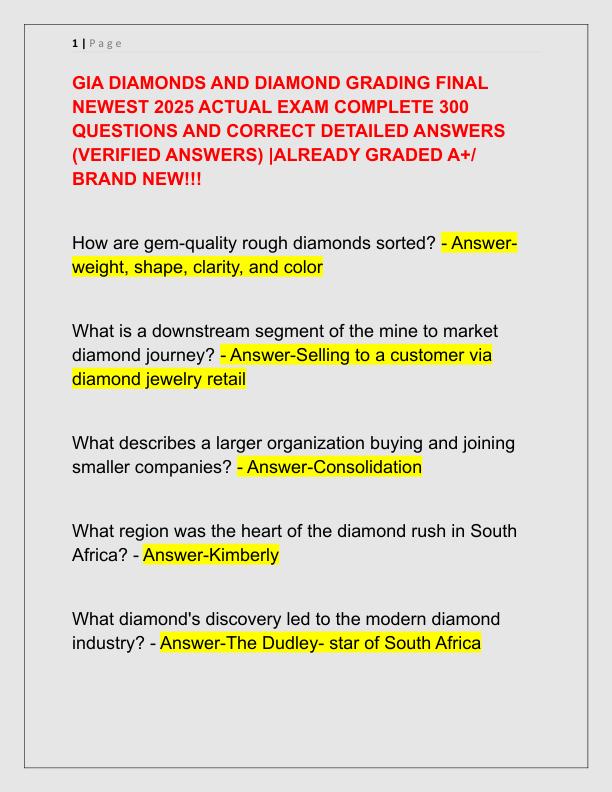 GIA DIAMONDS AND DIAMOND GRADING FINAL NEWEST 2025 ACTUAL EXAM COMPLETE 300 QUESTIONS AND CORRECT DETAILED ANSWERS
