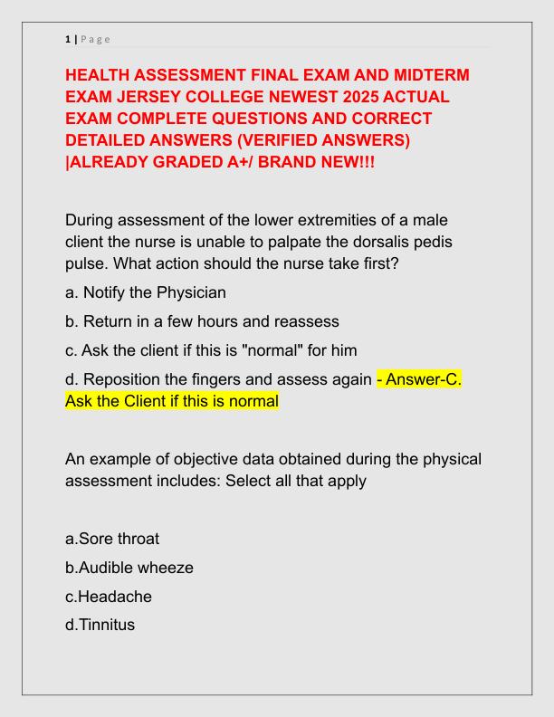 HEALTH ASSESSMENT FINAL EXAM AND MIDTERM EXAM JERSEY COLLEGE NEWEST 2025 ACTUAL EXAM COMPLETE QUESTIONS AND CORRECT DETAILED ANSWERS