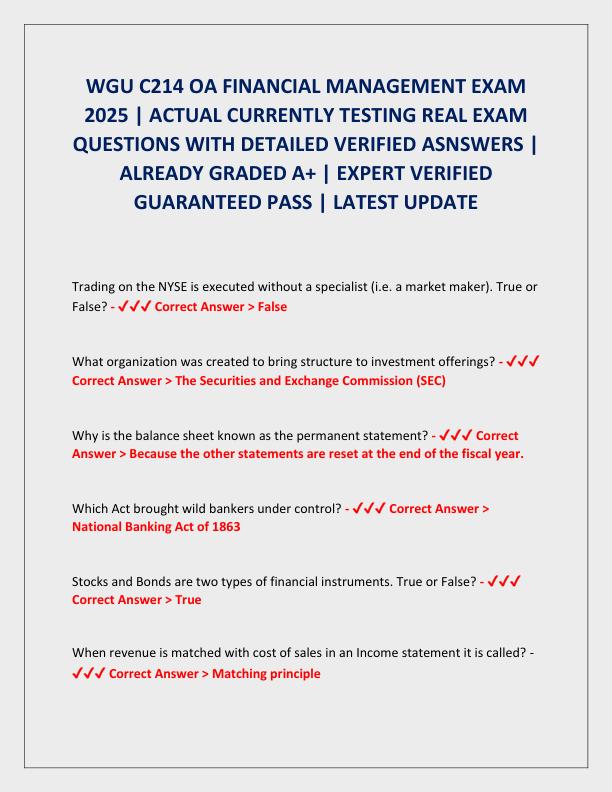 WGU C214 OA FINANCIAL MANAGEMENT EXAM 2025