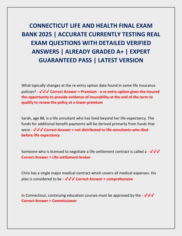 CONNECTICUT LIFE AND HEALTH FINAL EXAM BANK 2025