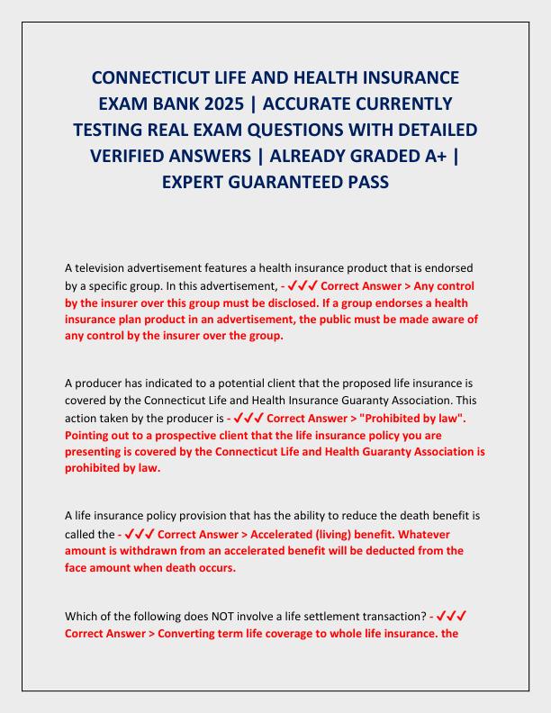 CONNECTICUT LIFE AND HEALTH INSURANCE EXAM BANK 2025