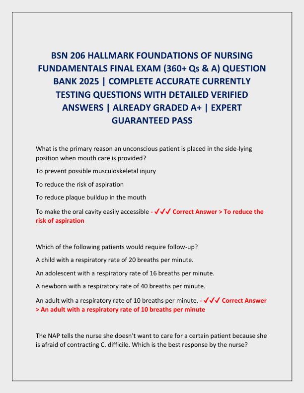 BSN 206 HALLMARK FOUNDATIONS OF NURSING FUNDAMENTALS
