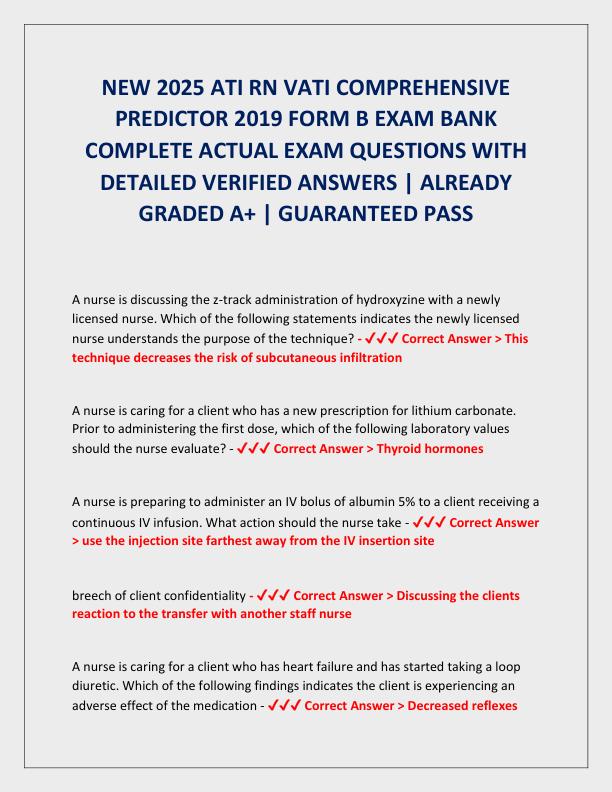 NEW 2025 ATI RN VATI COMPREHENSIVE PREDICTOR 2019 FORM B EXAM BANK COMPLETE ACTUAL EXAM QUESTIONS WITH DETAILED VERIFIED ANSWERS