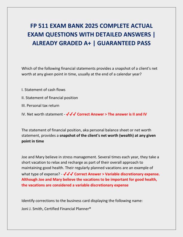 FP 511 EXAM BANK 2025 COMPLETE ACTUAL EXAM QUESTIONS WITH DETAILED ANSWERS