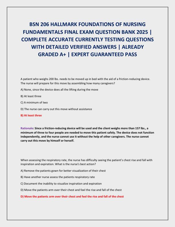 BSN 206 HALLMARK FOUNDATIONS OF NURSING FUNDAMENTALS FINAL EXAM QUESTION BANK 2025