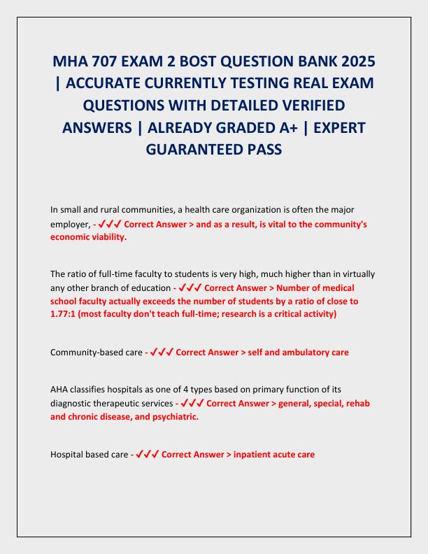 MHA 707 EXAM 2 BOST QUESTION BANK 2025