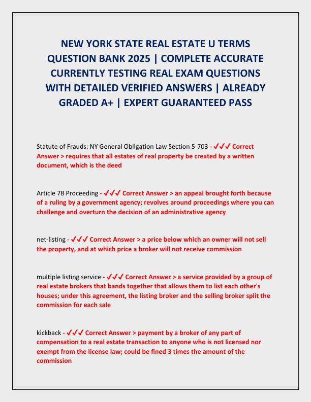 NEW YORK STATE REAL ESTATE U TERMS QUESTION BANK 2025