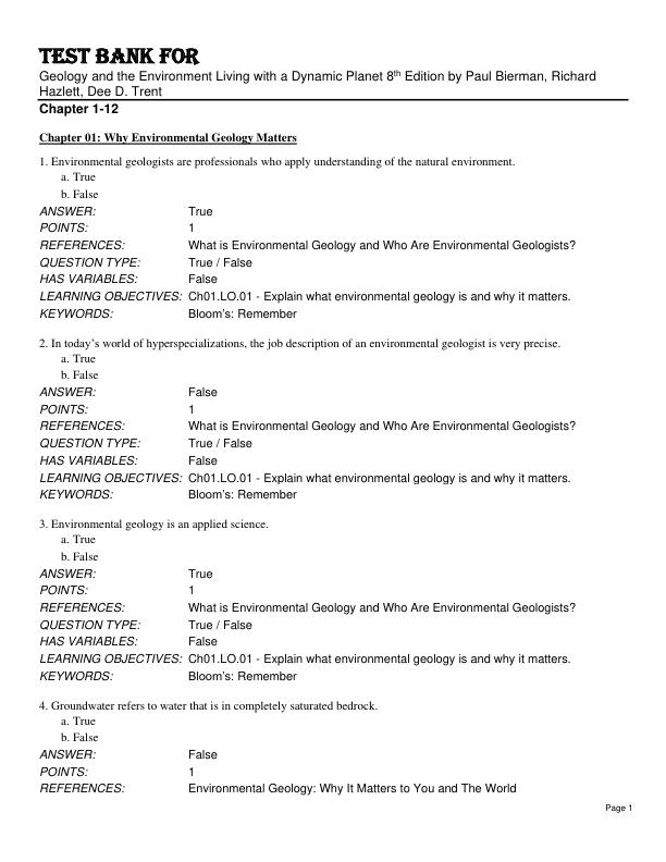 mobile-preview-Test Bank for Geology and the Environment Living with a Dynamic Planet 8th Edition by Paul Bierman, Richard Hazlett, Dee D. Trent Chapter 1-12