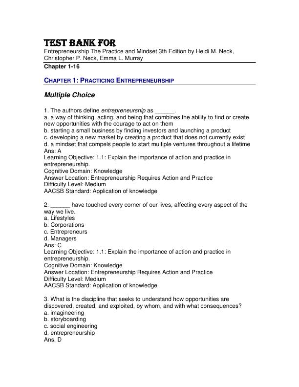 mobile-preview-Test Bank For Entrepreneurship The Practice and Mindset 3th Edition by Heidi M. Neck, Christopher P. Neck, Emma L. Murray Chapter 1-16