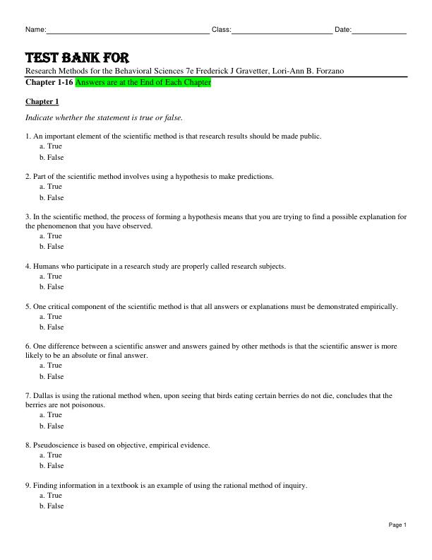 mobile-preview-Test Bank For Research Methods for the Behavioral Sciences 7th Edition by Frederick J Gravetter, Lori-Ann B. Forzano Chapter 1-16