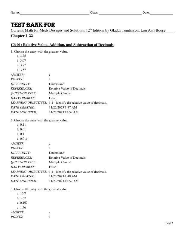 mobile-preview-Test Bank For Curren's Math for Meds Dosages and Solutions 12th Edition by Gladdi Tomlinson, Lou Ann Boose Chapter 1-22