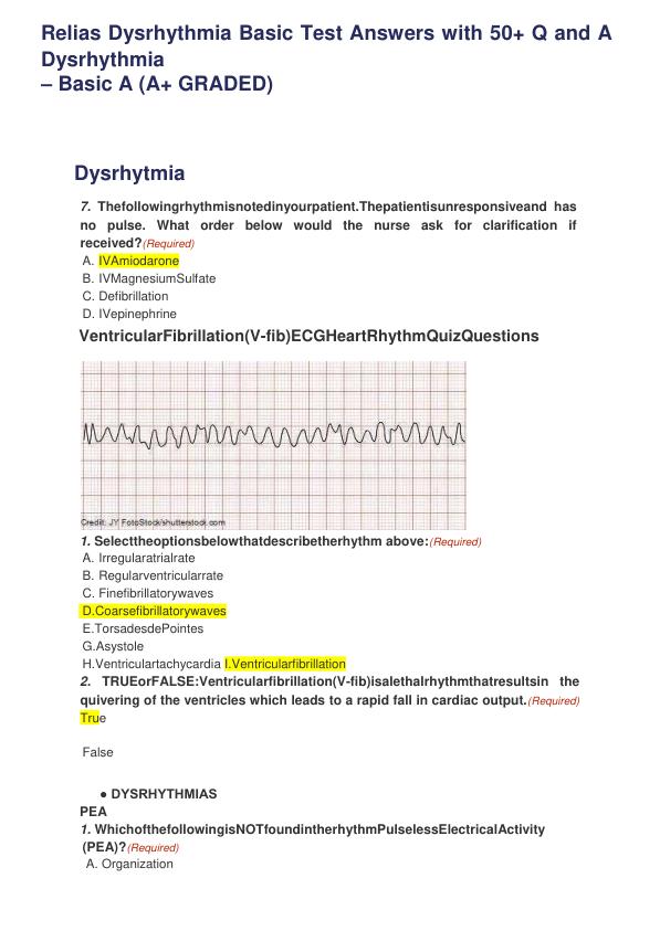 Relias Dysrhythmia Basic Test Answers with 50+ Q and A Dysrhythmia