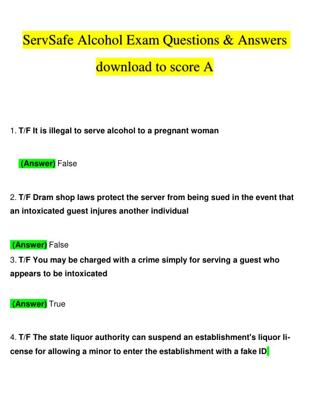 ServSafe Alcohol Exam Questions & Answers download to score A