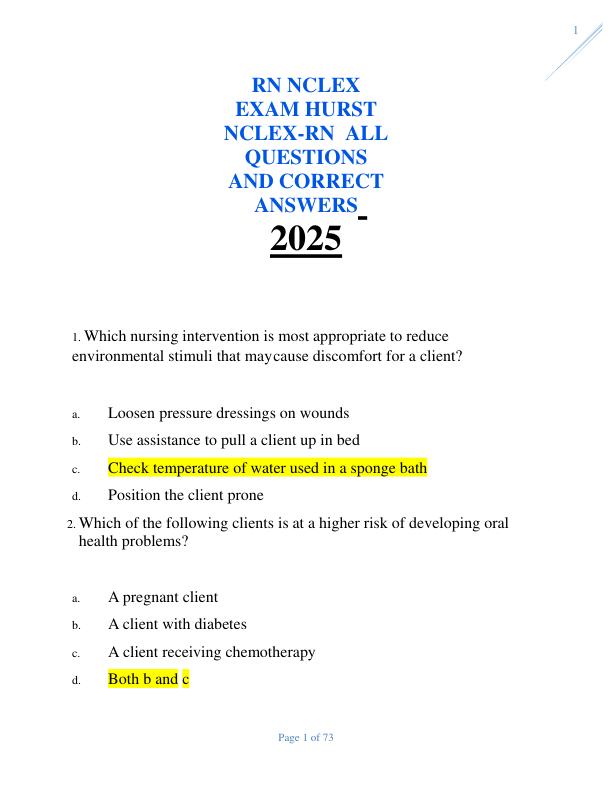 RN NCLEX EXAM HURST NCLEX-RN  ALL QUESTIONS AND CORRECT ANSWERS 2025