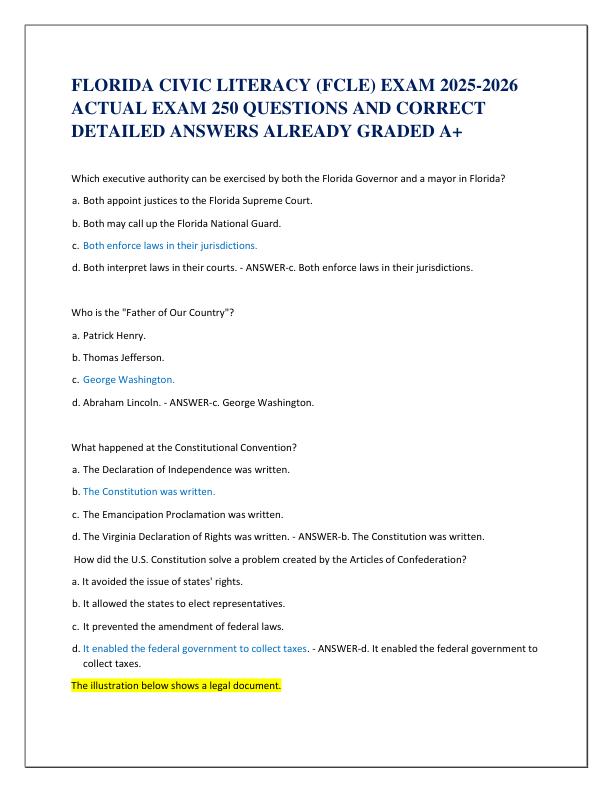 FLORIDA CIVIC LITERACY (FCLE) EXAM 2025-2026