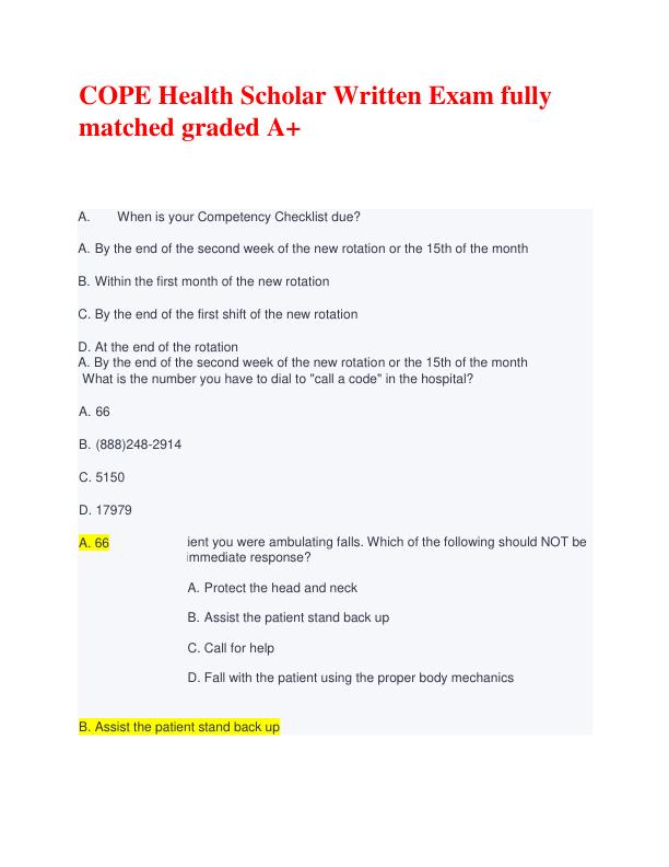 COPE Health Scholar Written Exam fully matched graded A+