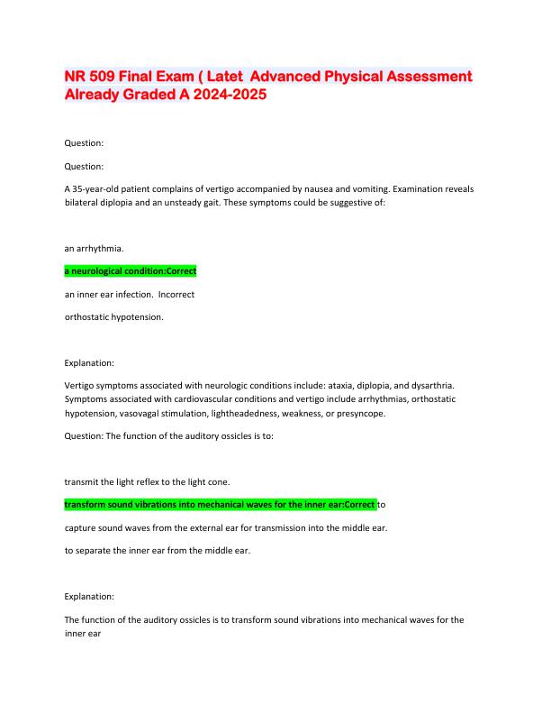 NR 509 Final Exam ( Latet  Advanced Physical Assessment Already Graded A 2024-2025