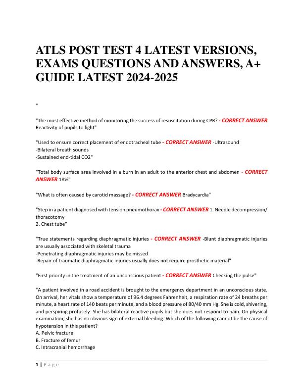 ATLS POST TEST 4 LATEST VERSIONS, EXAMS QUESTIONS AND ANSWERS, A+ GUIDE LATEST 2024-2025